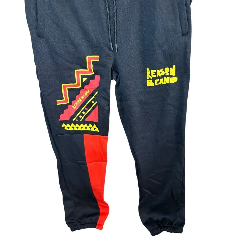 Reason Brand Men's Black Fleece Joggers Geometric Red & Yellow Graphics- Large